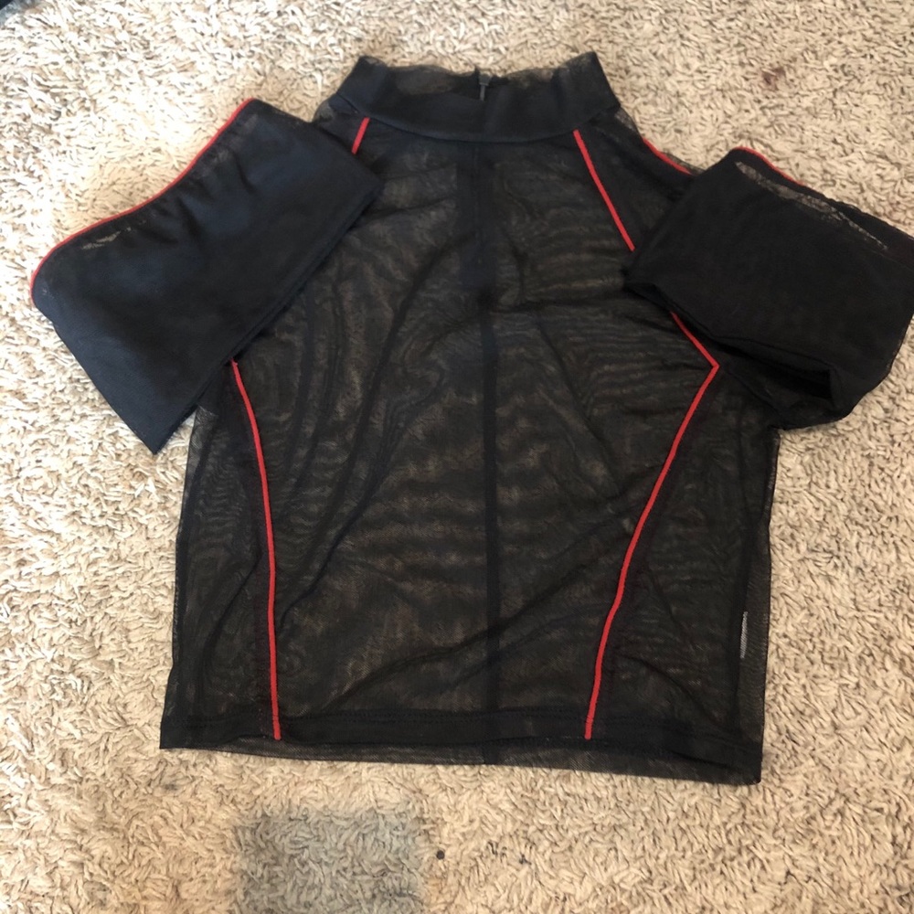 A see thru black and red shirt